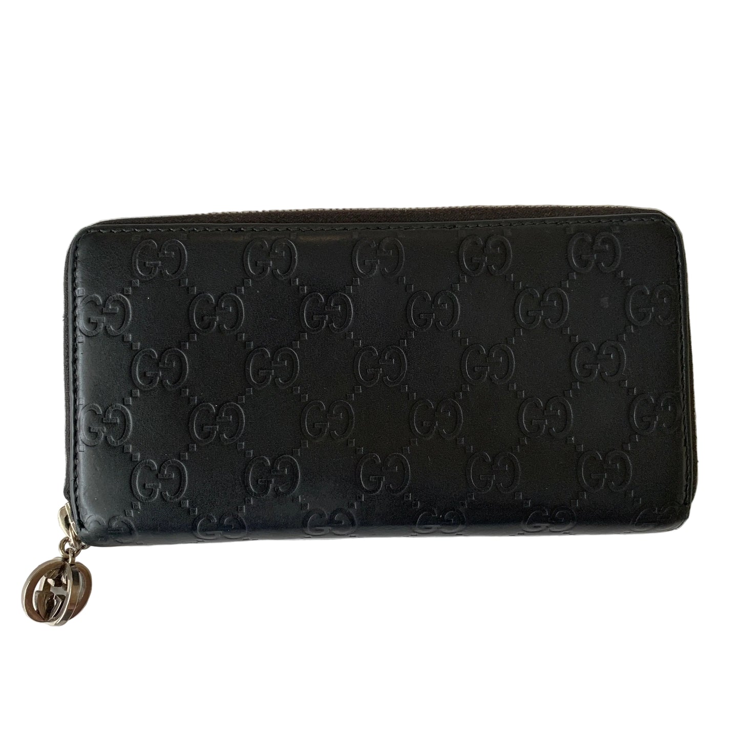 Gucci Black signature monogram guccissima Leather zipper around long wallet aut
