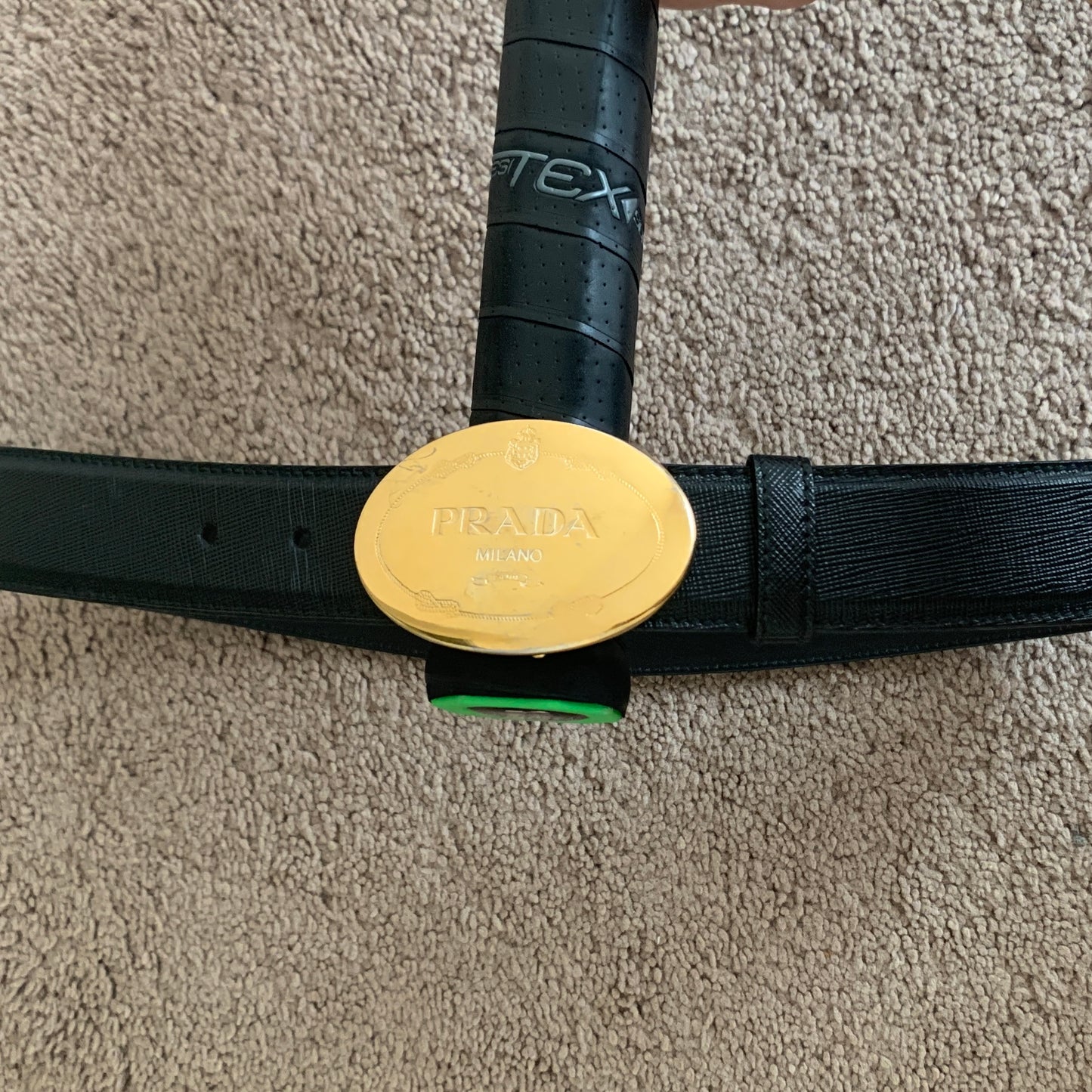 Authentic Prada unisex logo buckle saffiano black leather belt