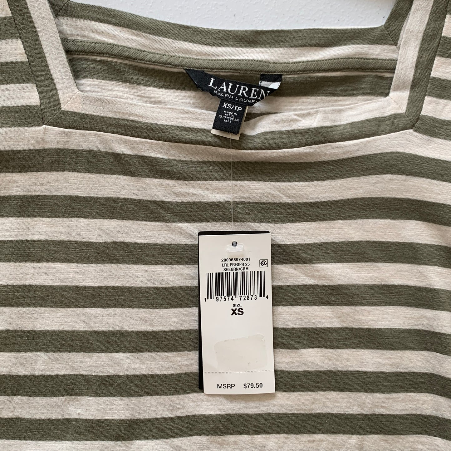 Lauren Ralph Lauren Women’s NWT green cream striped t shirt size XS