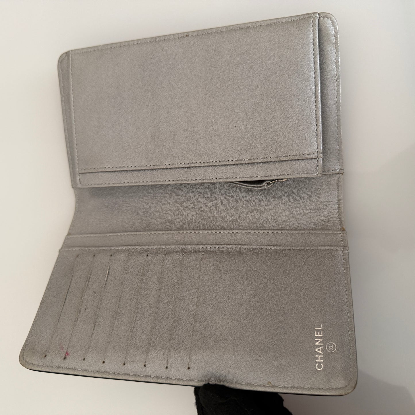 Chanel camellia flower embossed coco mark black leather wallet authentic with COA