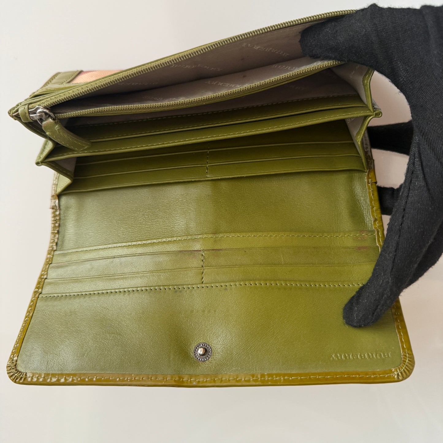 Burberry nova check and green patent leather long wallet authentic with COA