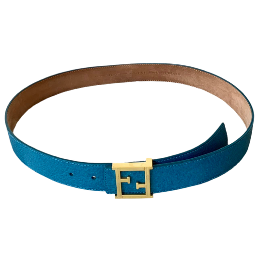Authentic FENDI Women’s FF gold buckle blue leather belt