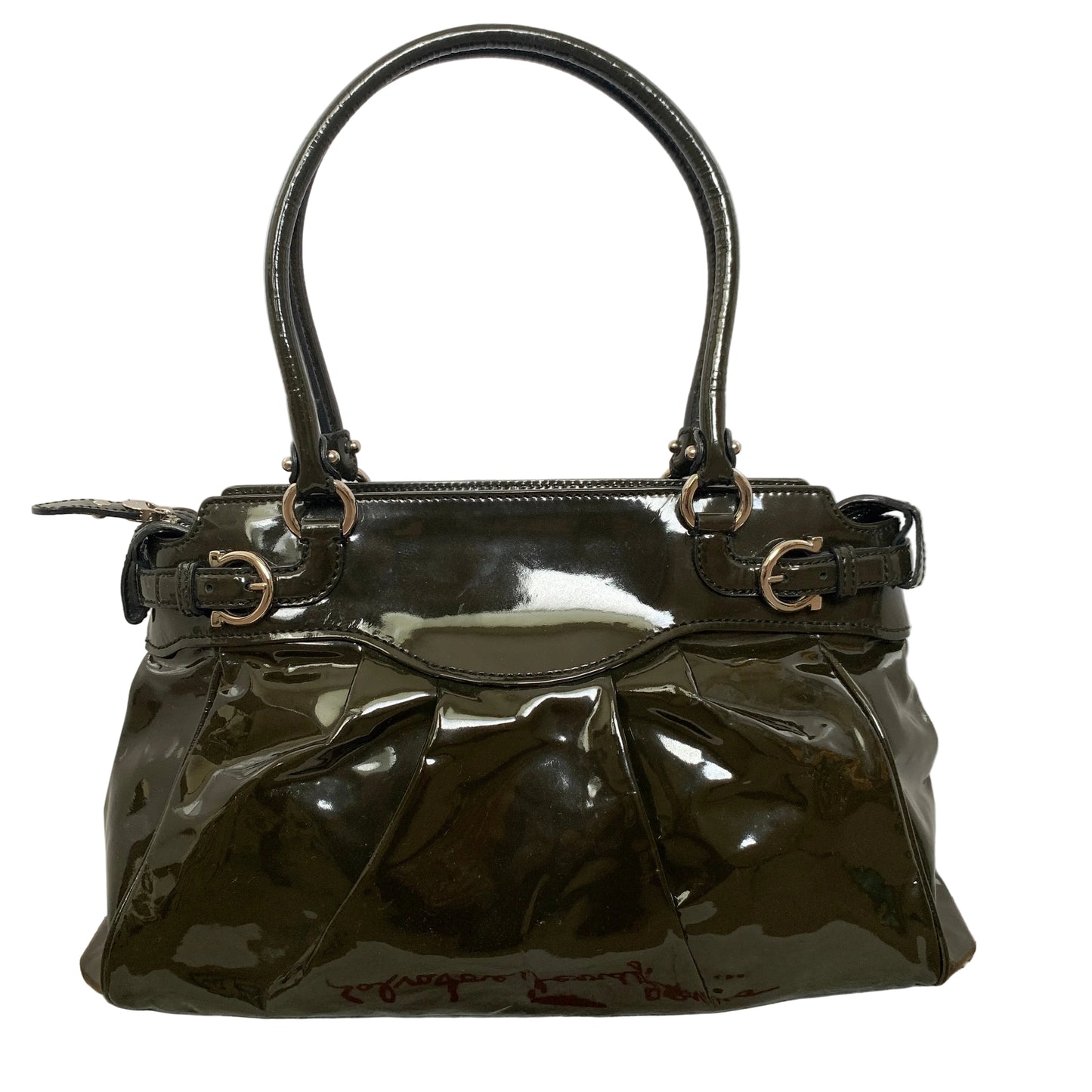Ferragamo dark green patent leather shoulder bag Authentic with COA dusty