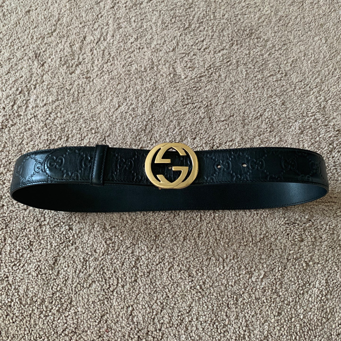 Authentic Gucci unisex signature monogram black leather belt