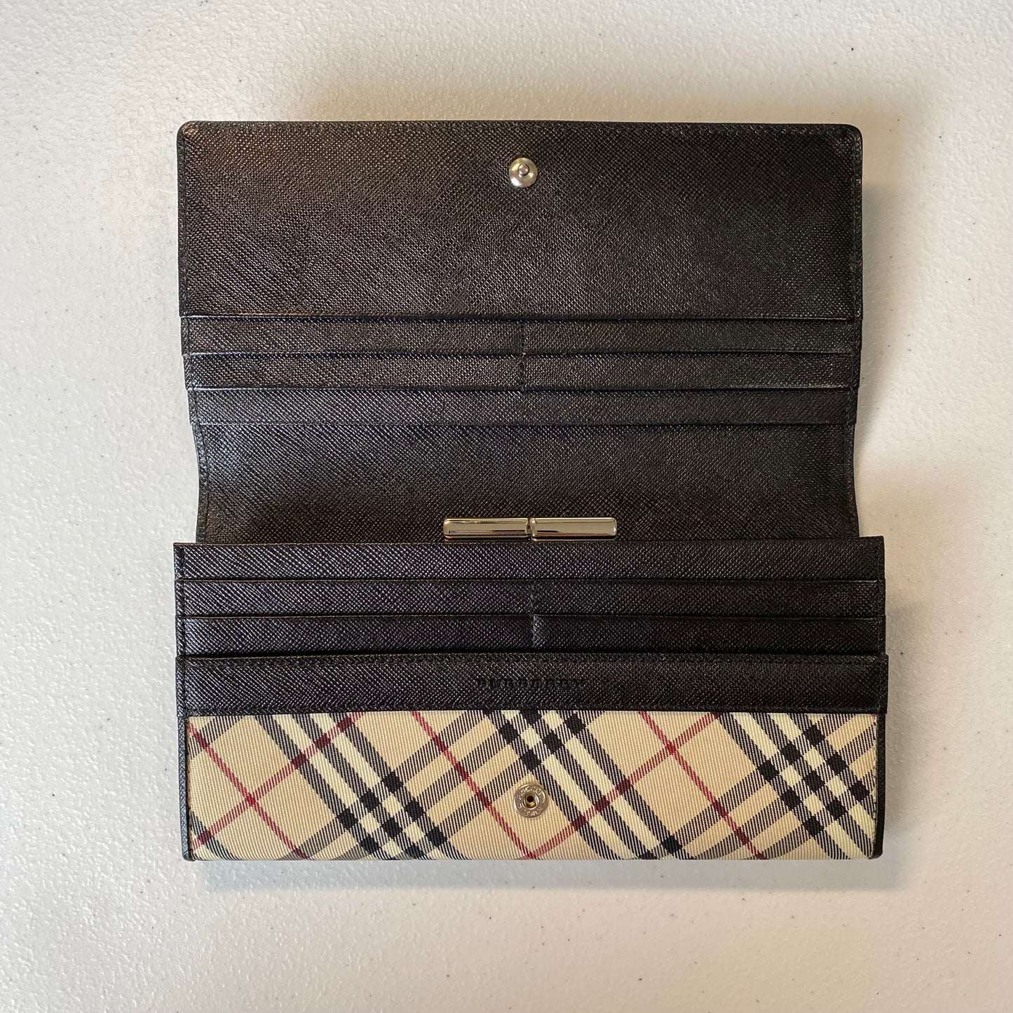 Burberry classic check black leather long wallet authentic with coa box