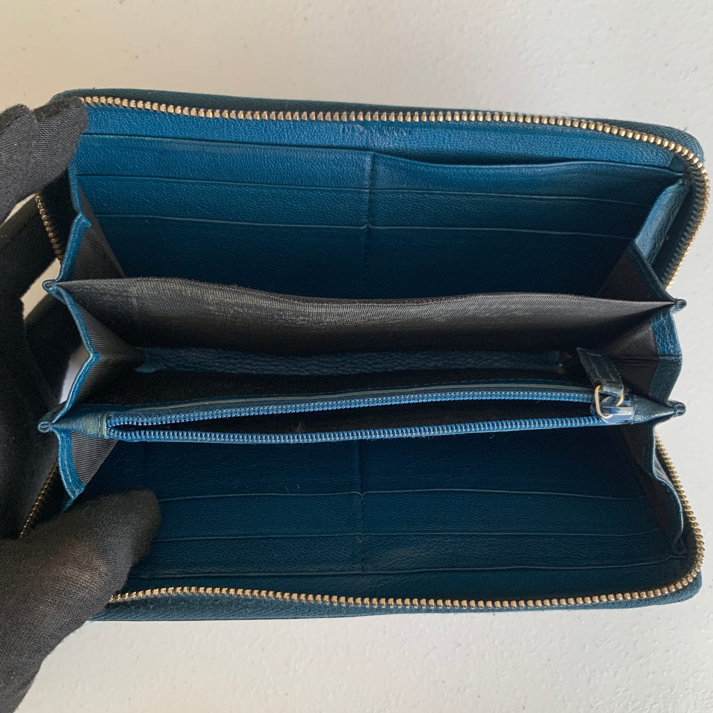 Yves Saint Laurent YSL logo long zipper around navy blue wallet authentic with