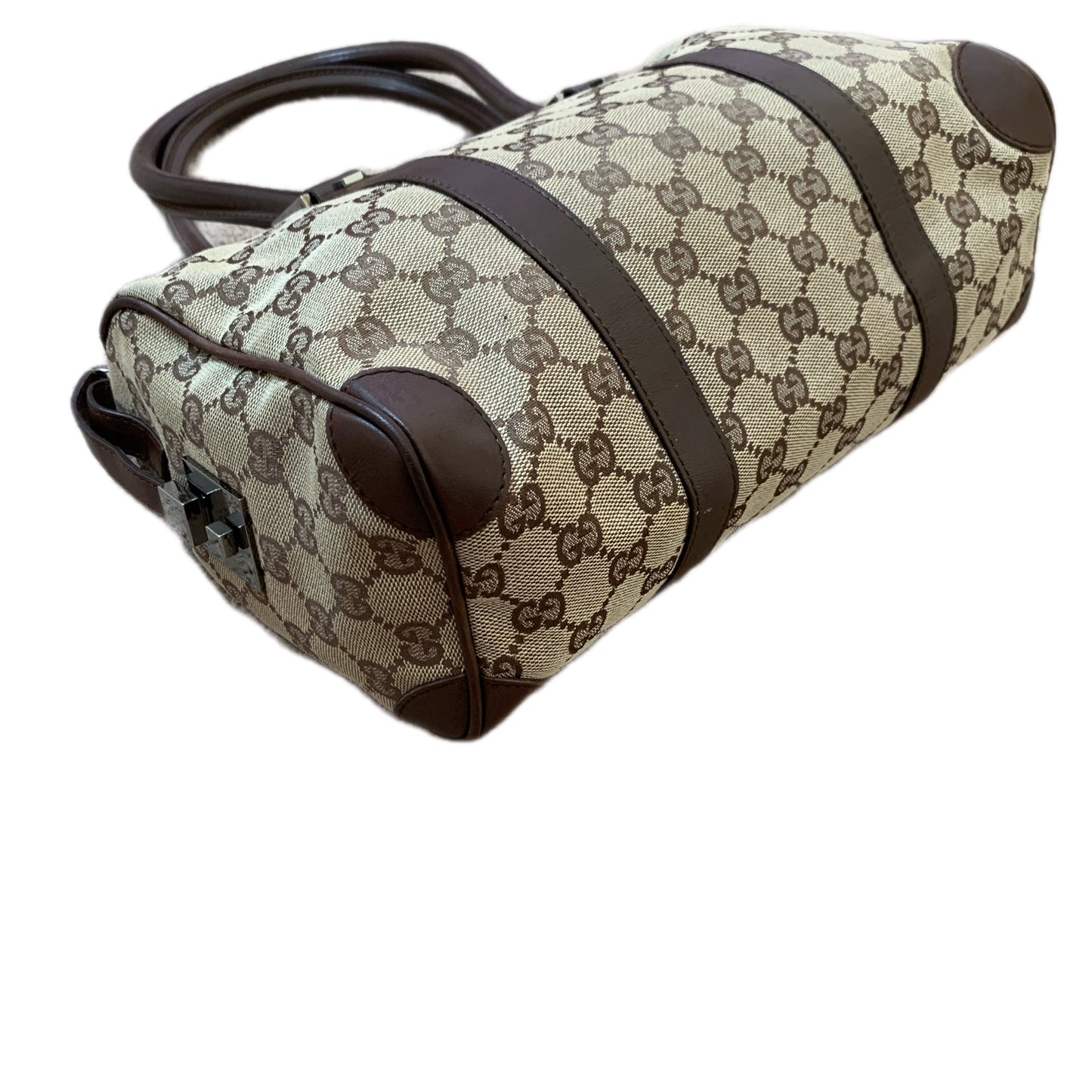 Gucci monogram canvas and brown leather Boston bag authentic with COA and dust