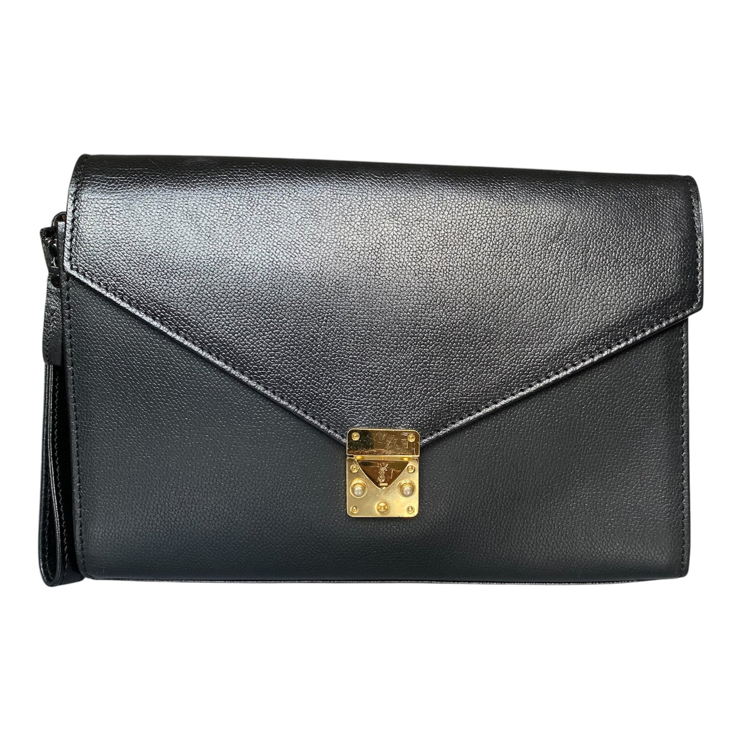 Yves Saint Laurent black leather unisex wristlet clutch bag Authentic with COA