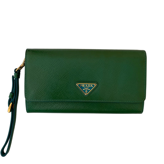 PRADA long green leather wristlet clutch bag Authentic with COA