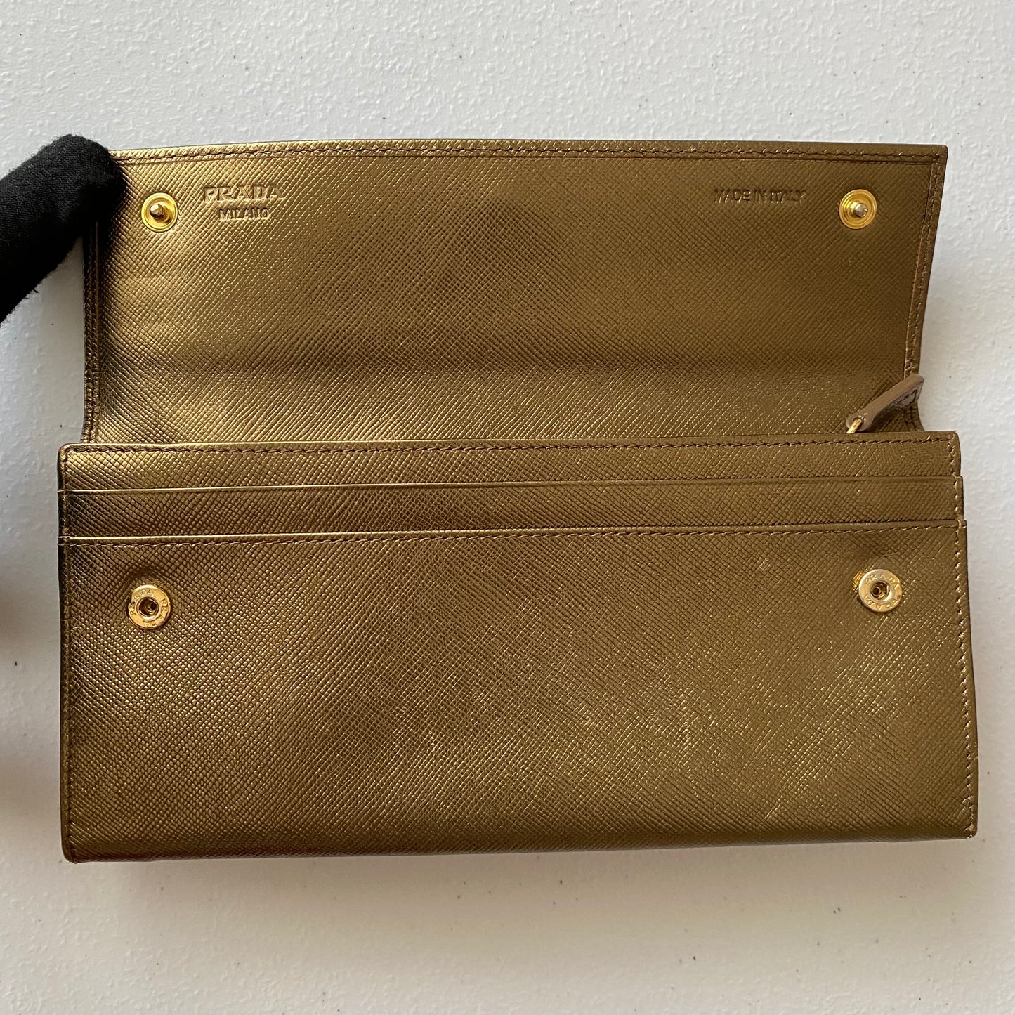 PRADA gold triangle logo saffiano leather long wallet Authentic with COA