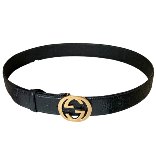 Authentic Gucci unisex signature monogram black leather belt