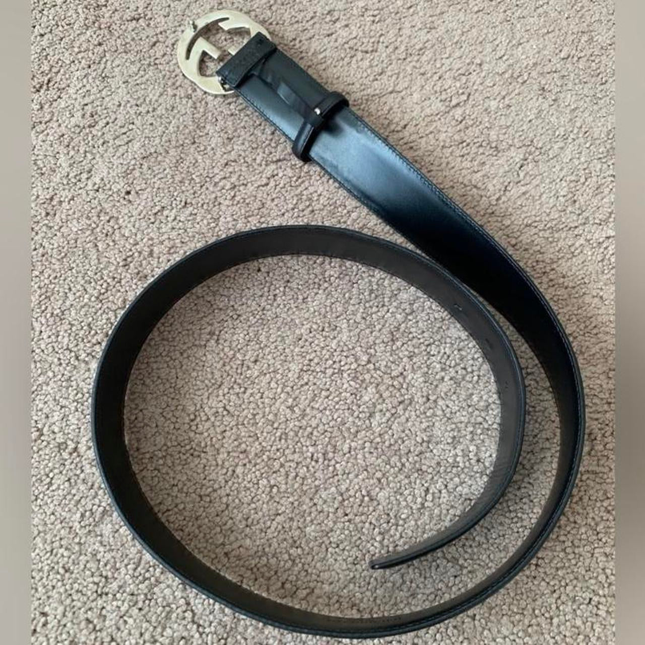 Authentic GUCCI unisex signature monogram black leather belt with silver interlocking buckle