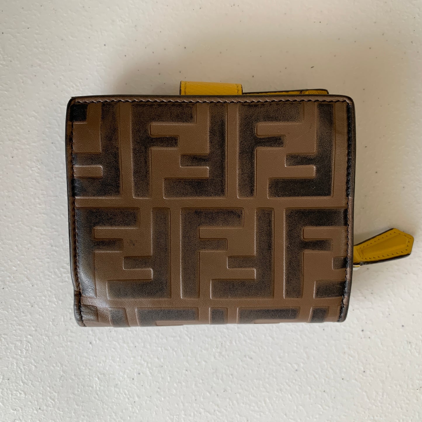 Fendi brown FF monogram and yellow leather compact wallet Authentic with COA