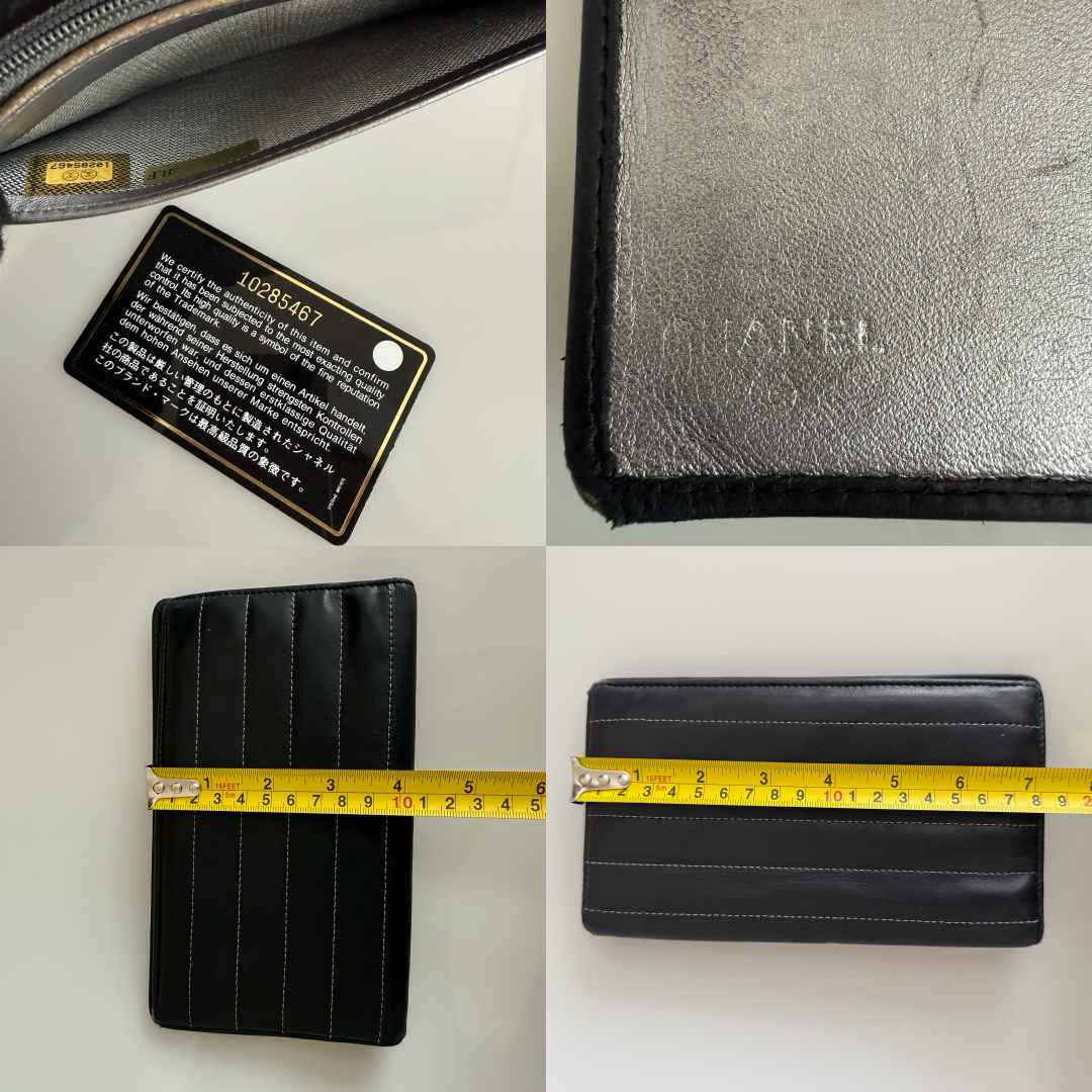 Chanel vertical quilted lambskin black leather wallet card holder authentic wit