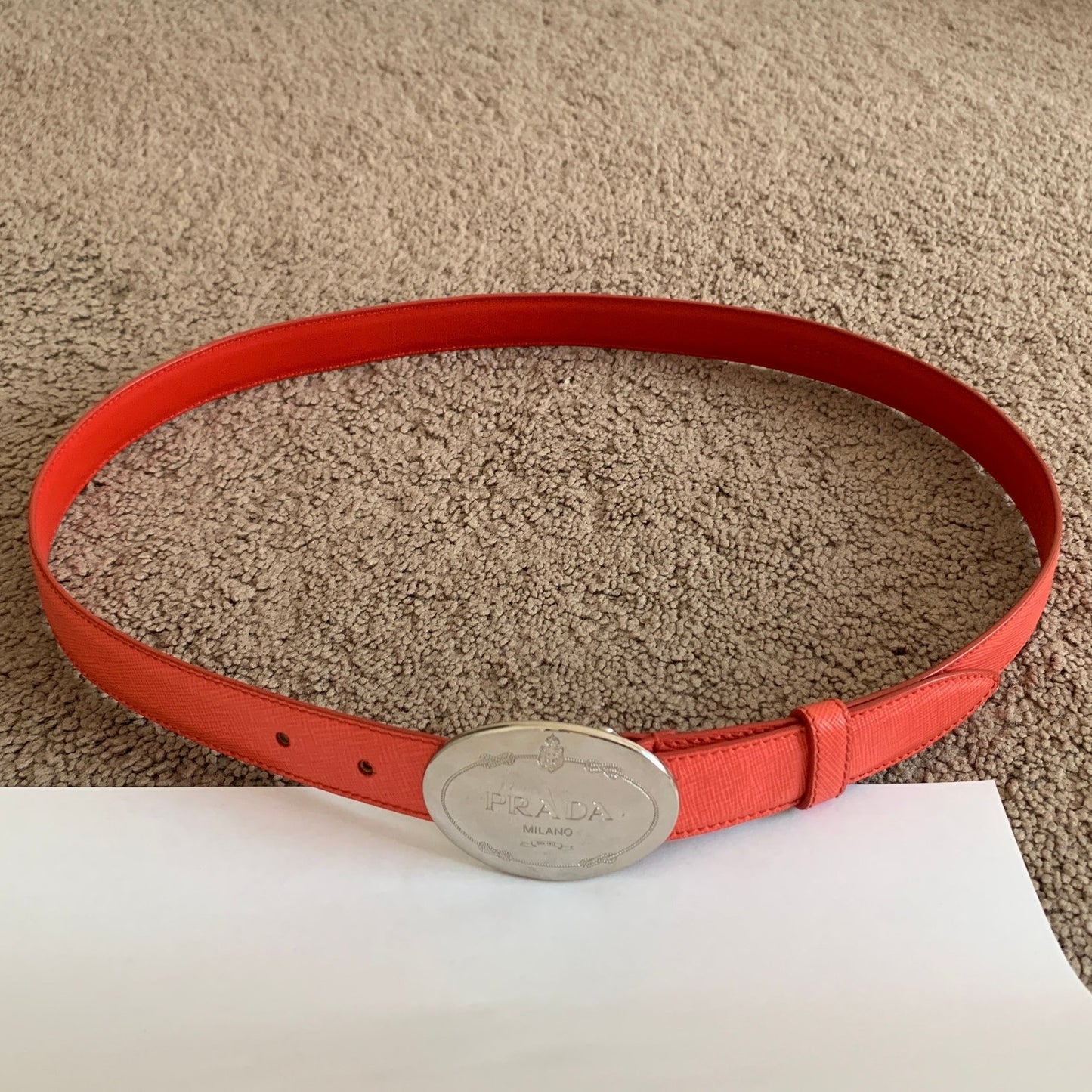 P1005 Prada women's coral saffiano leather belt size 34 inch