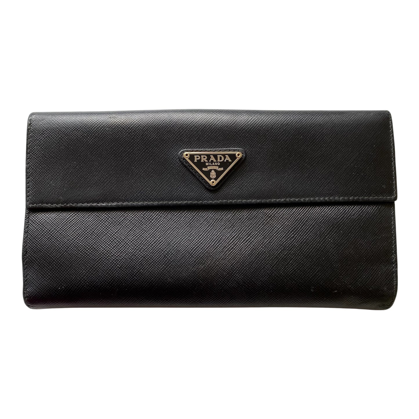 Prada triangle logo black leather long wallet Authentic with COA 4.5x3.6