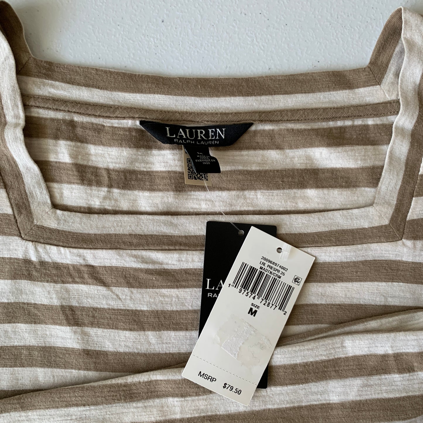 Lauren Ralph Lauren Women’s NWT tan cream striped t shirt size M