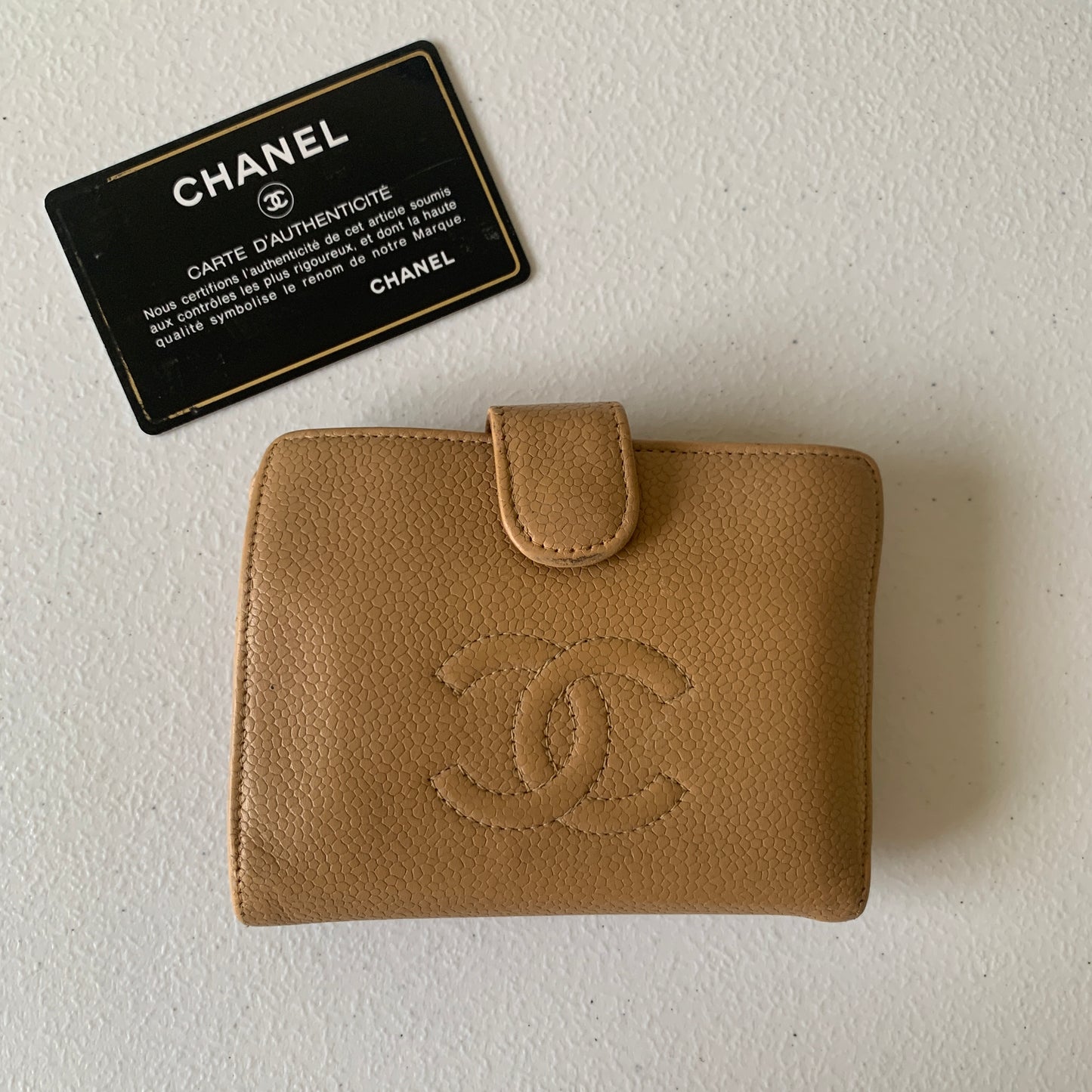 Chanel beige caviar leather compact Wallet authentic with COA