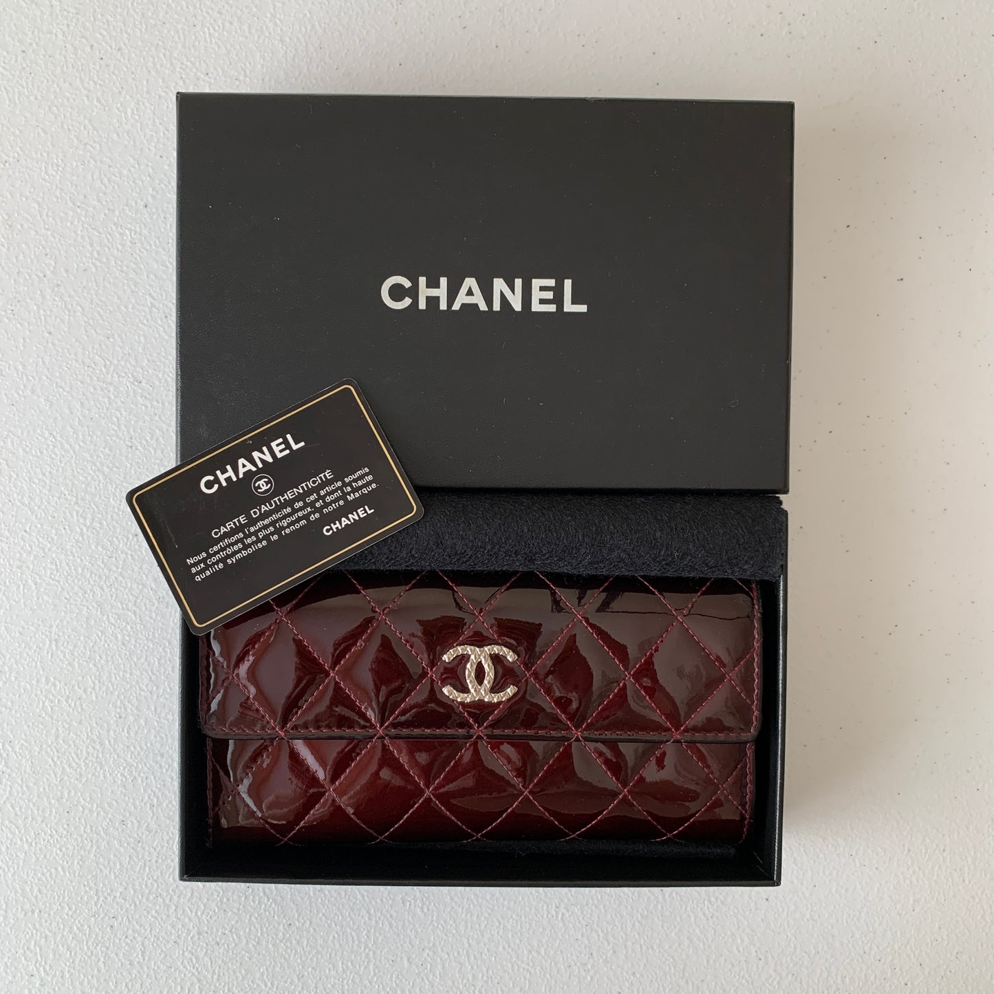 Chanel burgundy matelasse patent Leather Wallet authentic with COA box