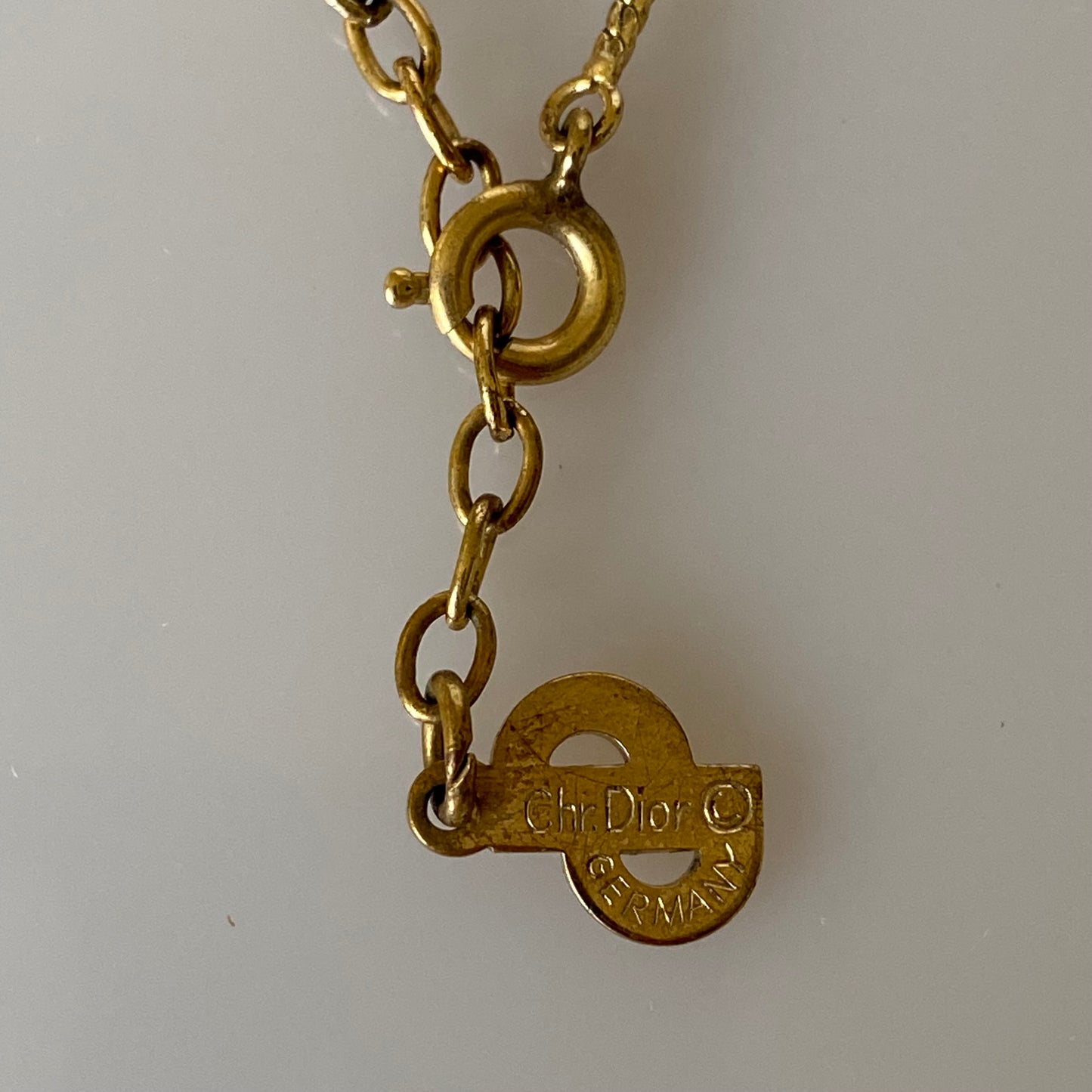 Dior logo gold plated square pendant adjustable necklace Authentic with COA