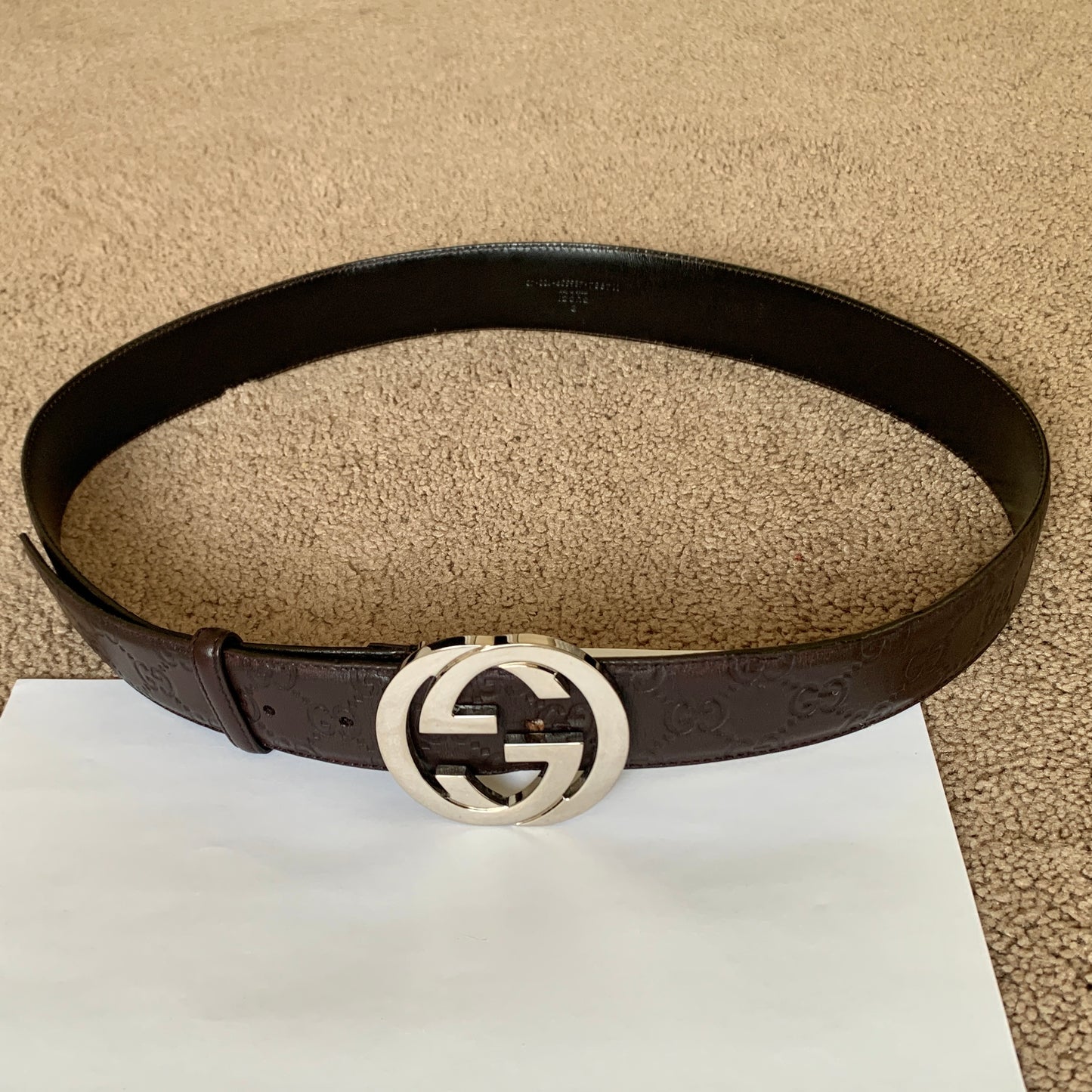 Authentic Gucci unisex signature monogram dark brown leather belt