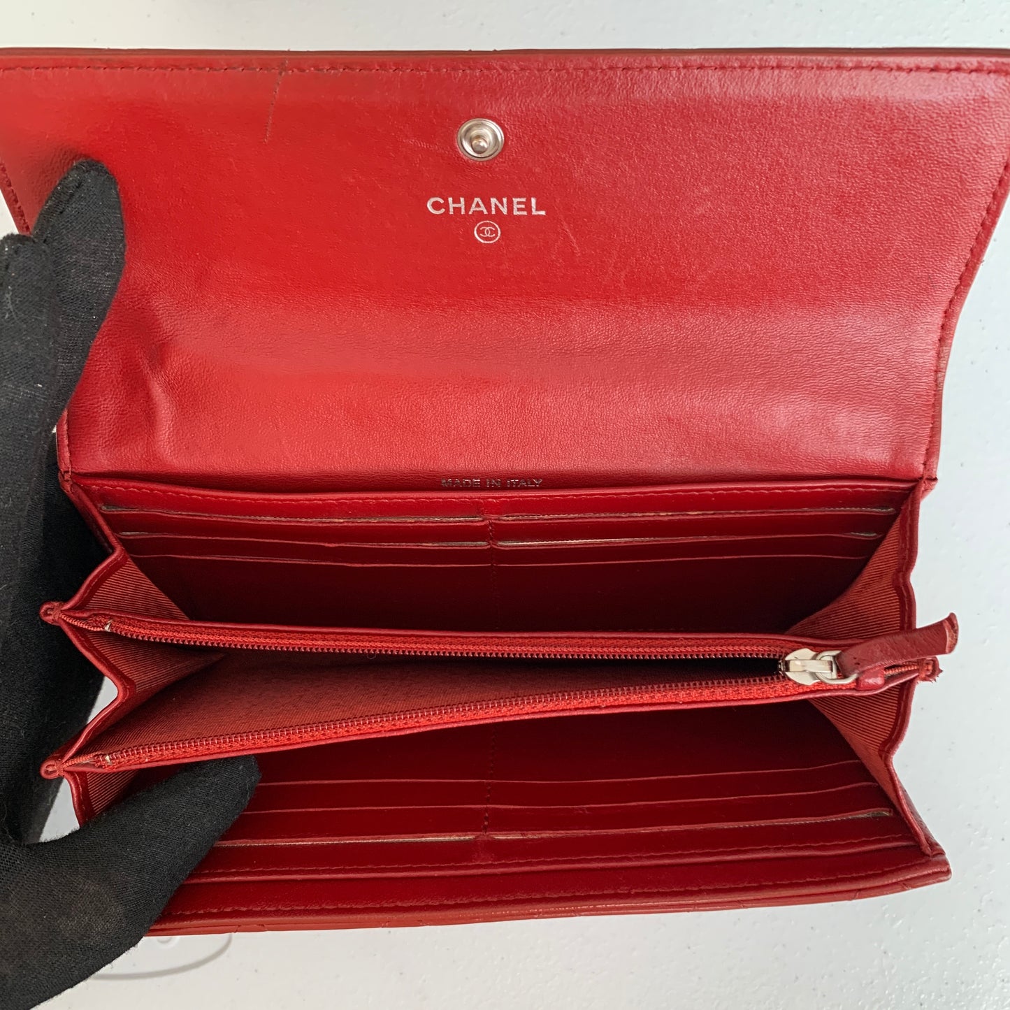 Chanel dark red cc mark flap quilted leather long Wallet Authentic with COA and box