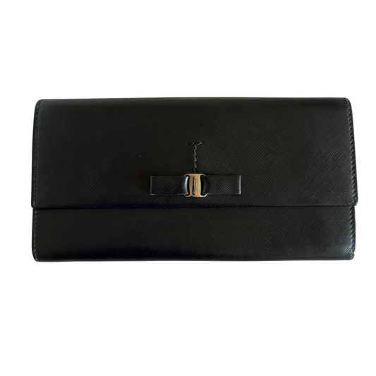 Salvatore Ferragamo vara bow black leather long wallet authentic with COA