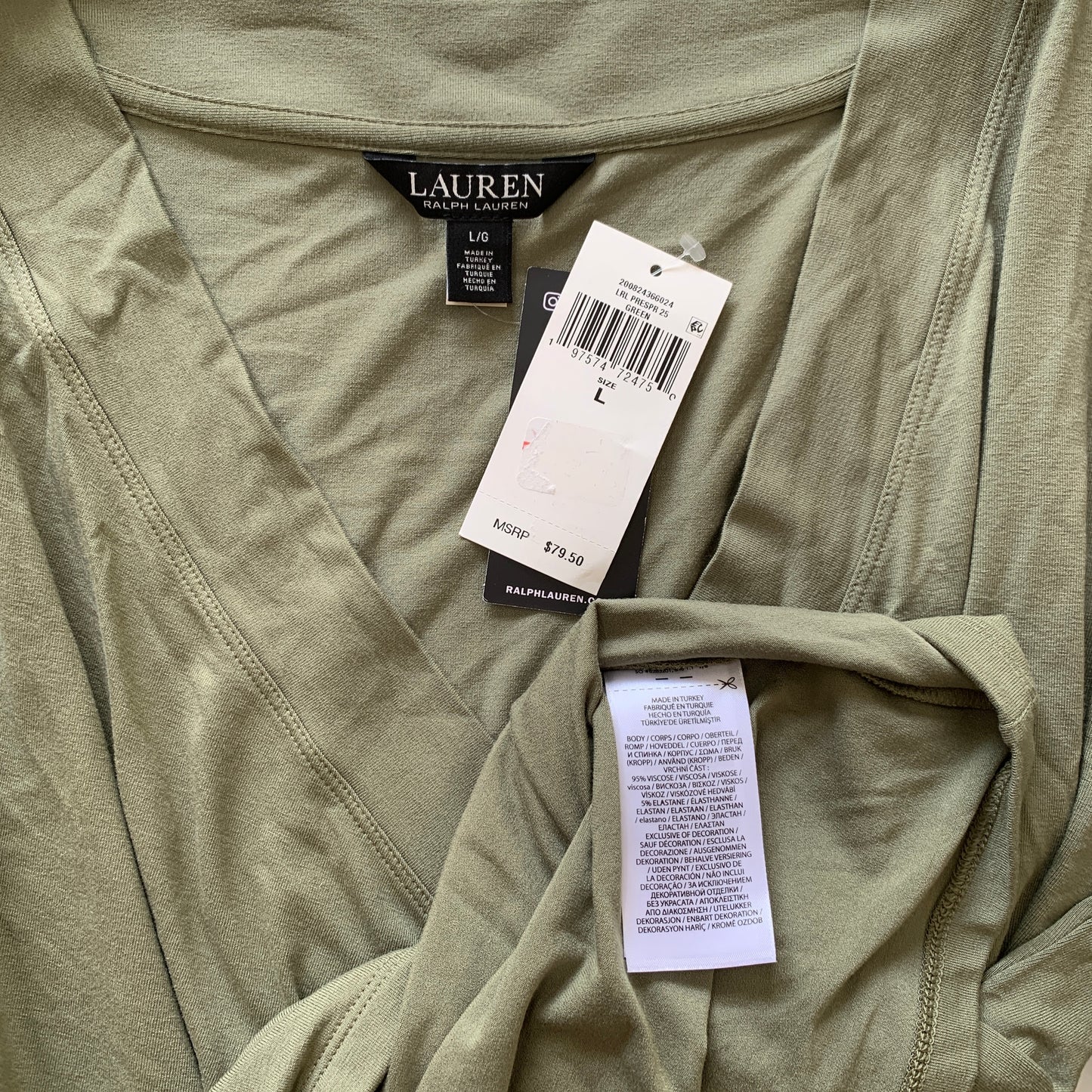 Lauren Ralph Lauren Women’s NWT green 3/4 sleeve v neck shirt size large
