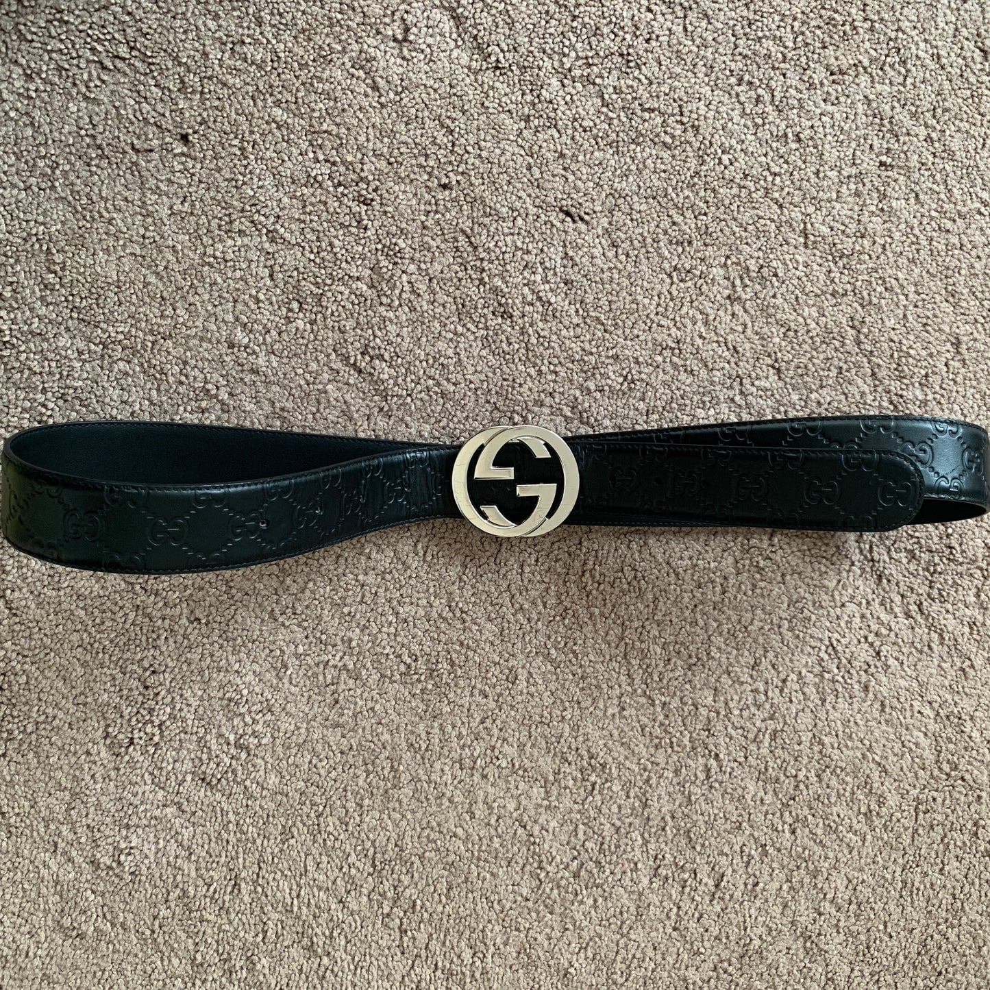 Authentic Gucci unisex plus size monogram black leather belt