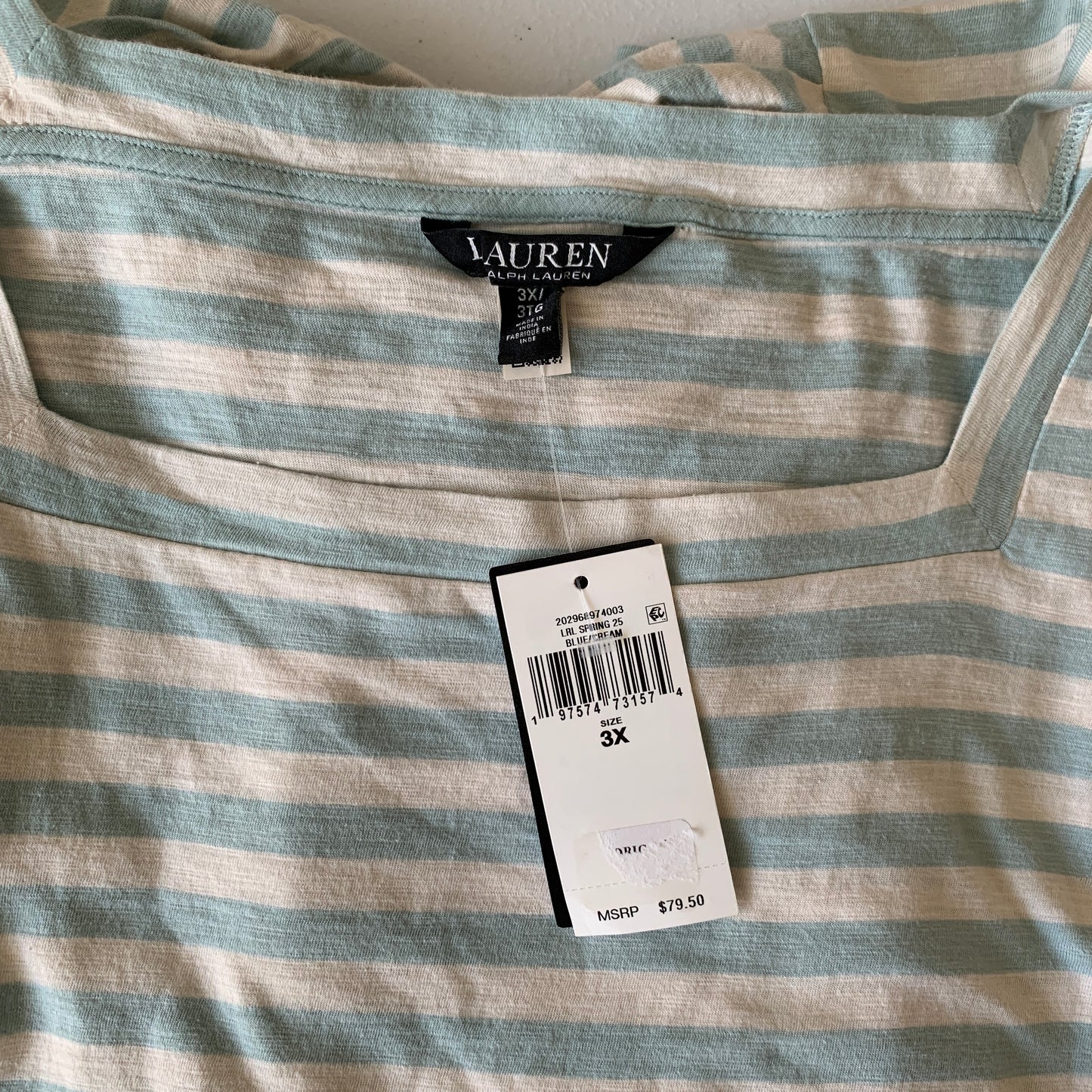Lauren Ralph Lauren plus size women’s NWT striped cream blue t shirt 3XL