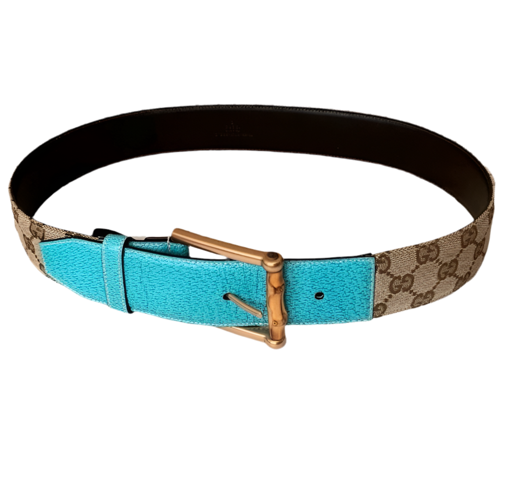 Authentic Gucci women’s blue leather and GG canvas belt with bamboo buckle