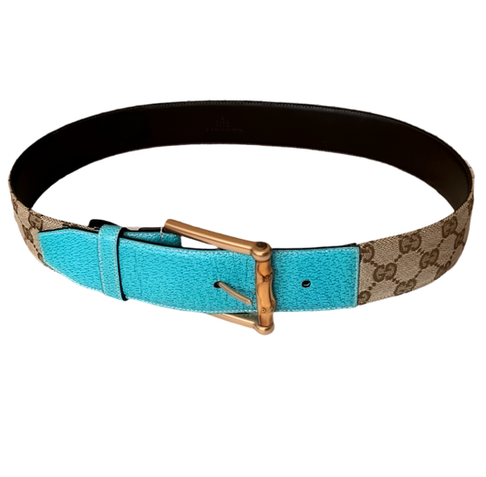 Authentic Gucci women’s blue leather and GG canvas belt with bamboo buckle