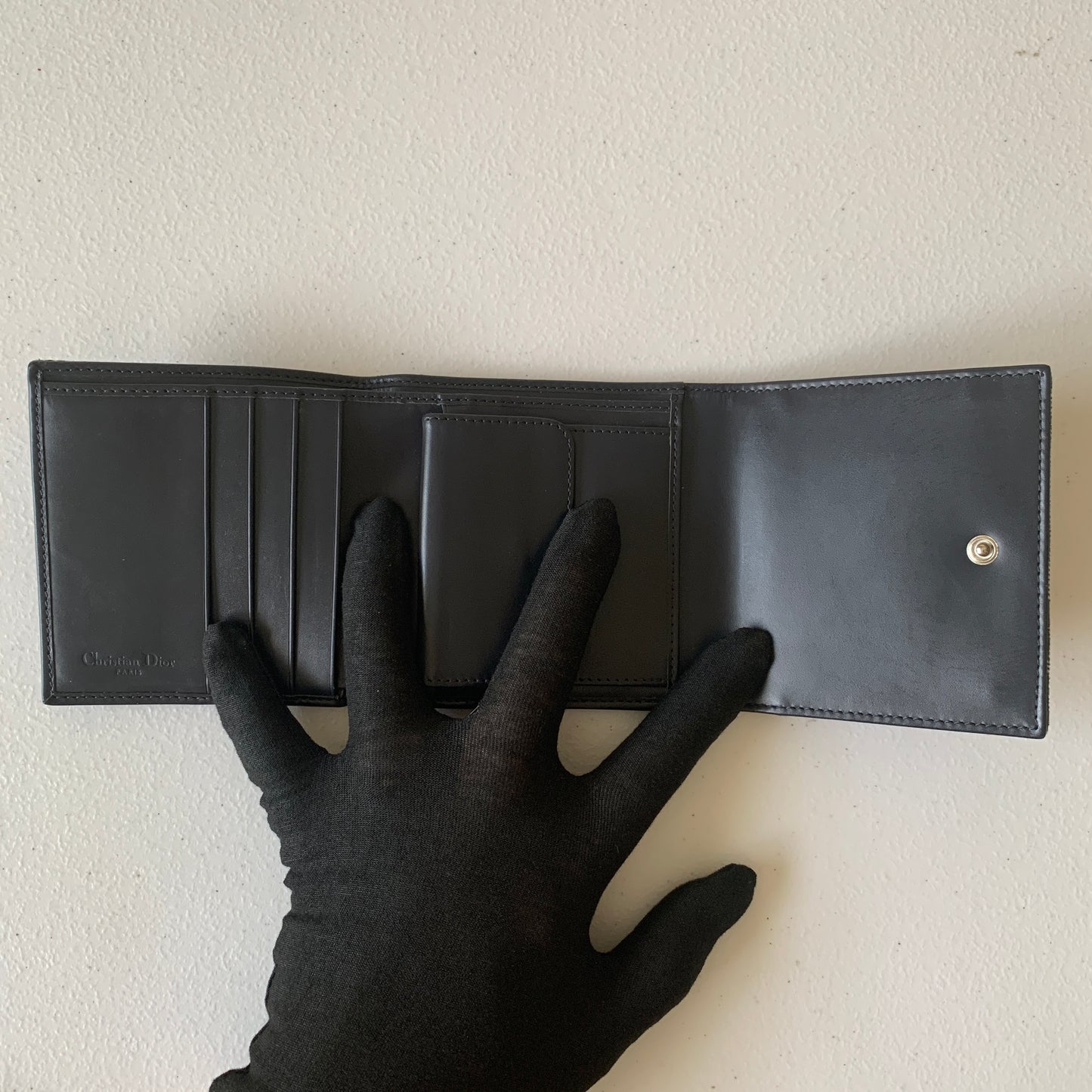 Dior oblique trotter canvas and blue leather trifold compact wallet