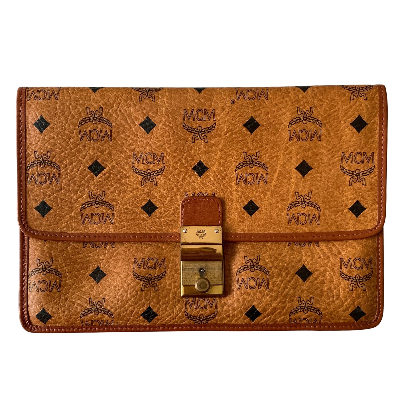 MCM cognac visetos unisex clutch bag with flap Authentic with COA