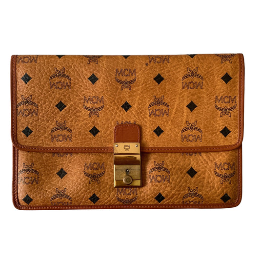 MCM cognac visetos unisex clutch bag with flap Authentic with COA