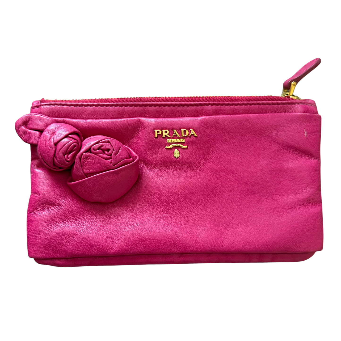 Prada pink leather rose appliqué clutch bag authentic with COA