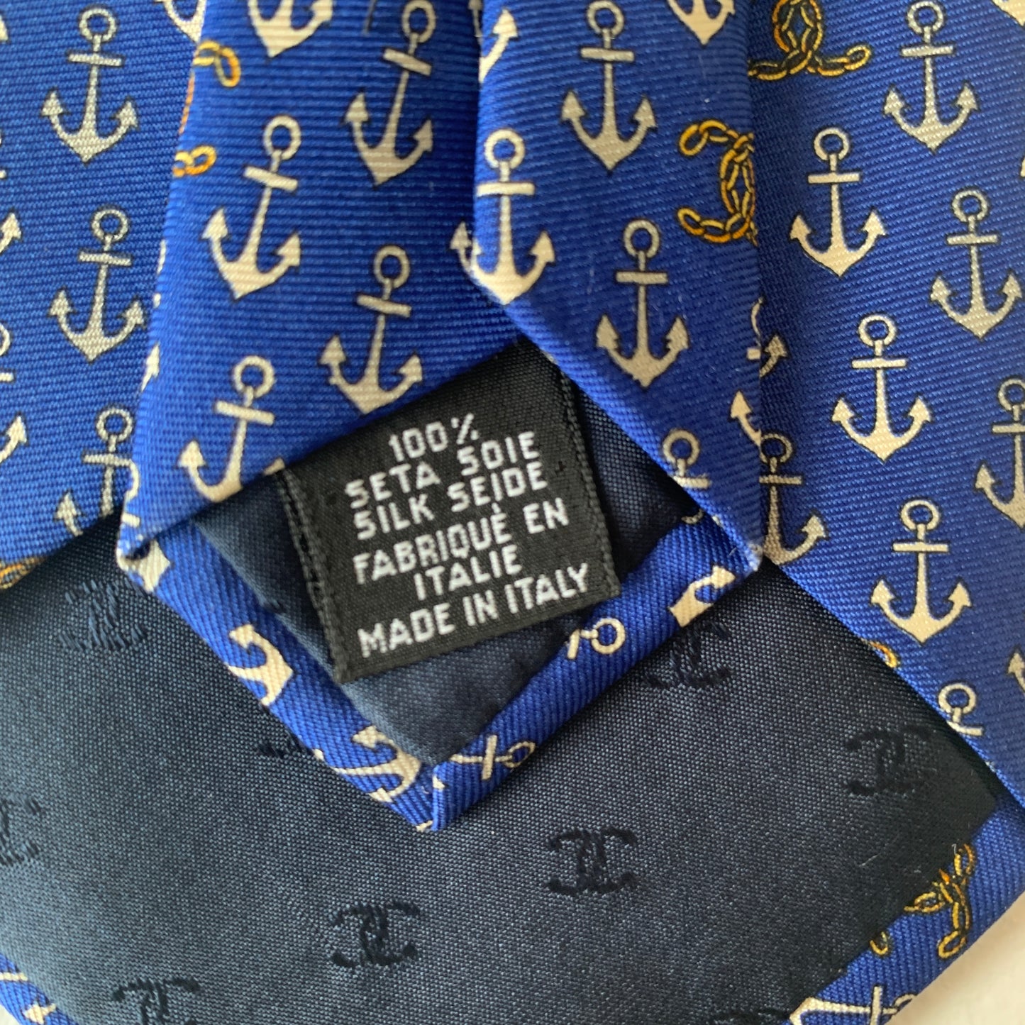 Chanel Coco mark Anchor blue silk Neck tie authentic with COA