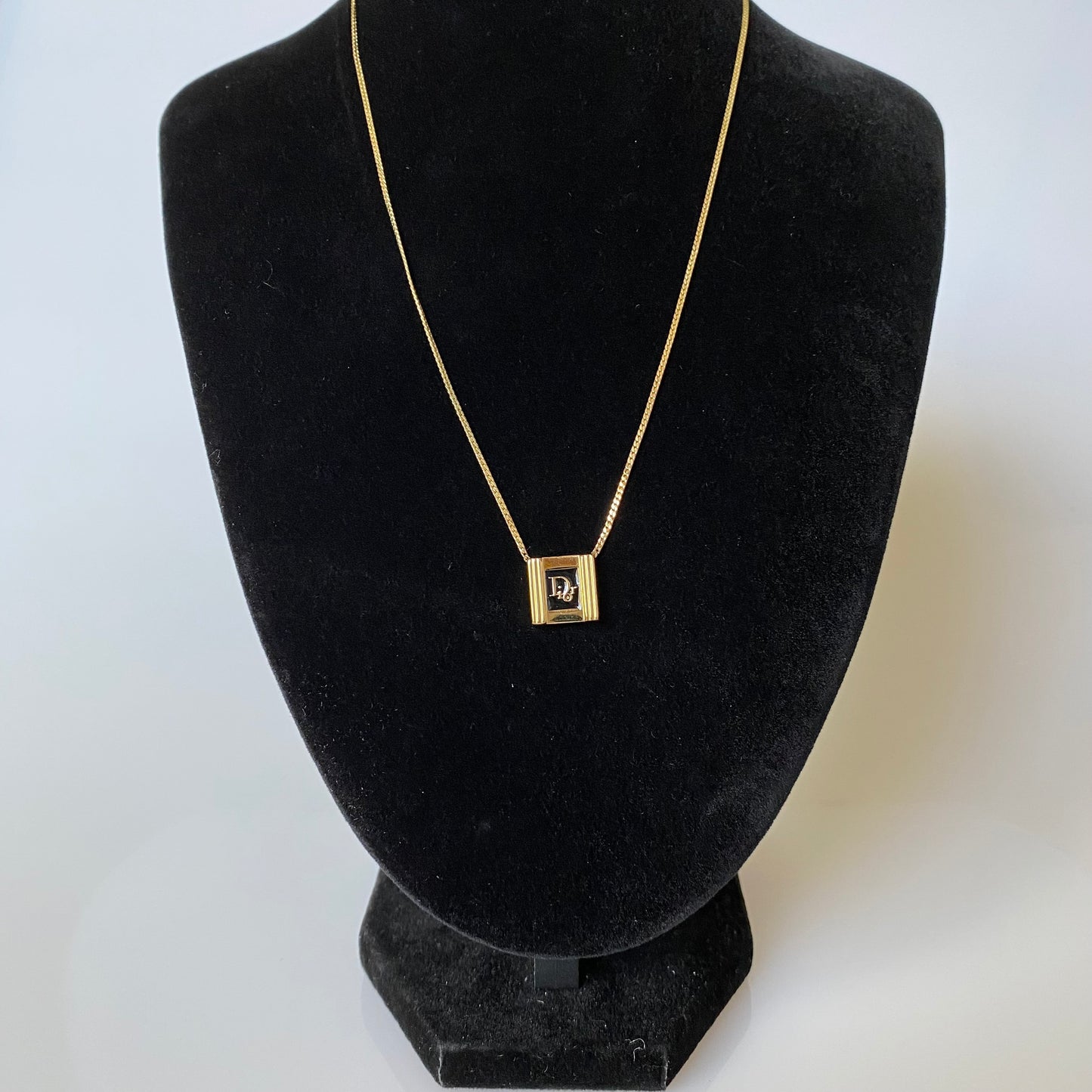 Dior logo gold plated square pendant adjustable necklace Authentic with COA