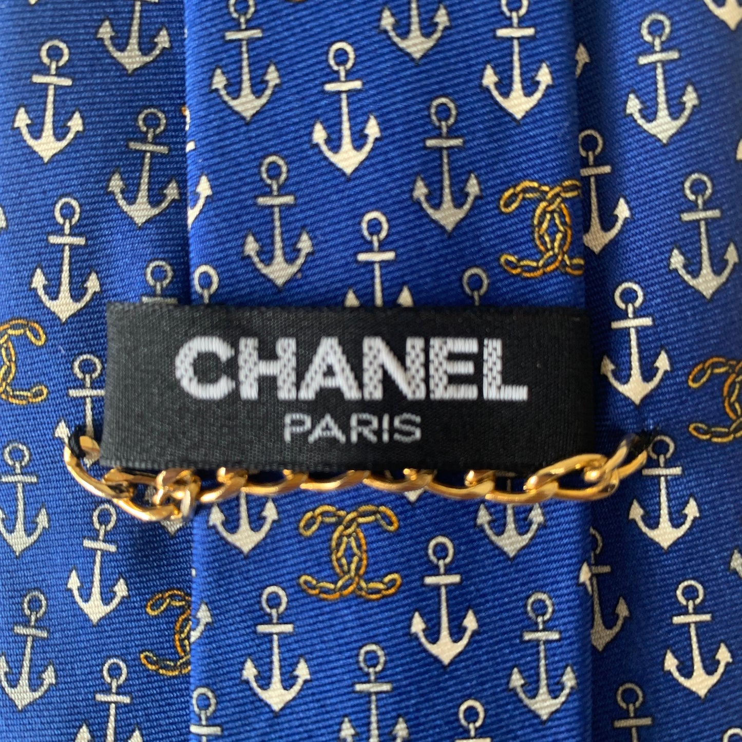 Chanel Coco mark Anchor blue silk Neck tie authentic with COA