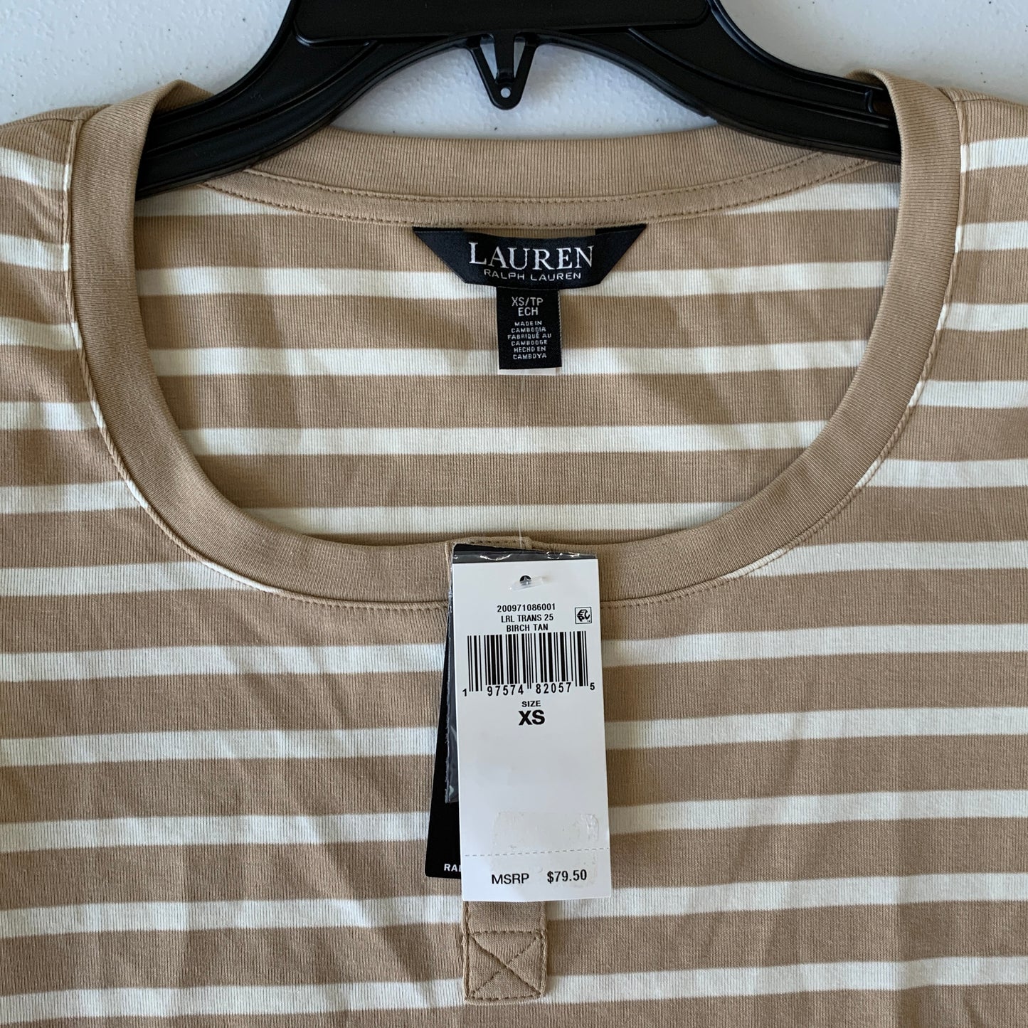 Lauren Ralph Lauren Women’s NWT birch tan striped scoop neck tee shirt size xsm