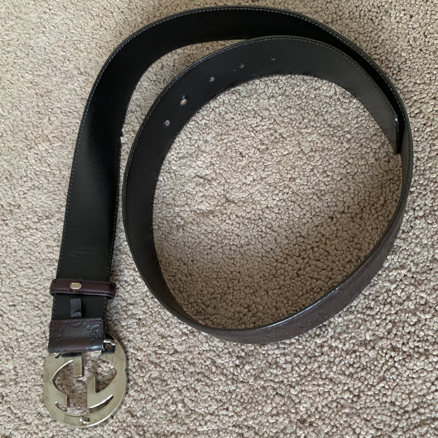 Authentic Gucci unisex signature monogram dark brown leather belt