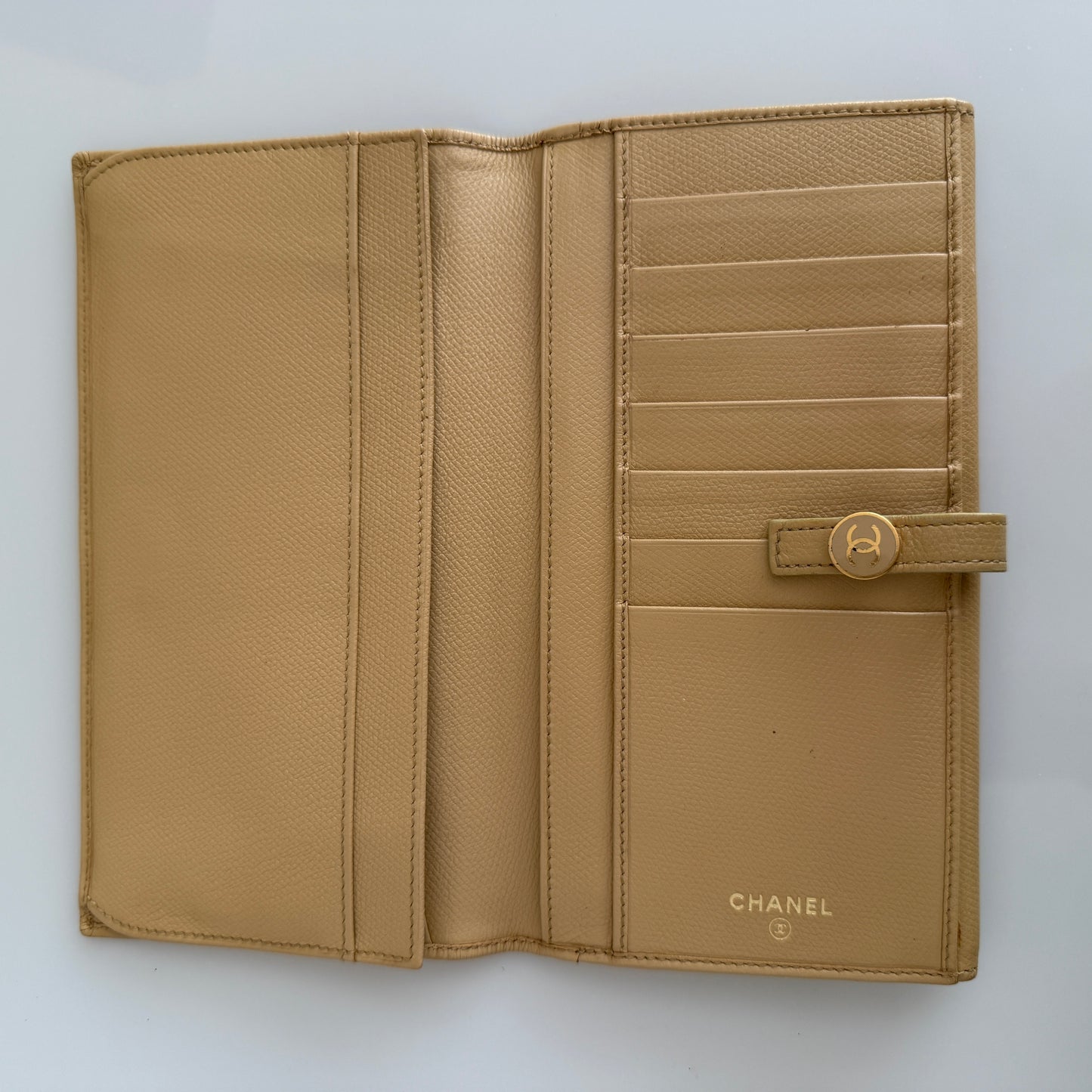 Chanel coco button beige leather long wallet authentic with COA and box