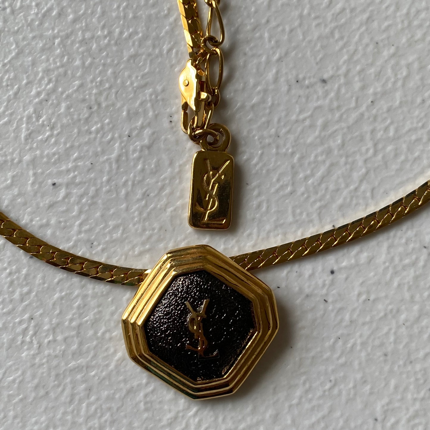 Yves Saint Laurent YSL logo 1 inch pendant gold plated adjustable necklace Authentic with COA