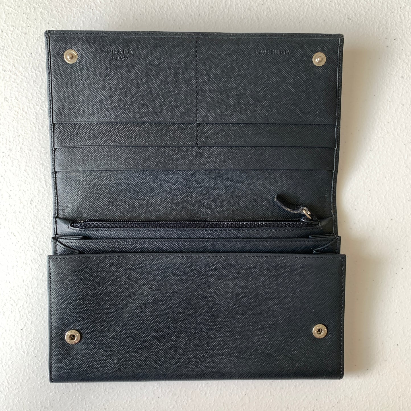 PRADA navy saffiano leather long by wallet Authentic with COA