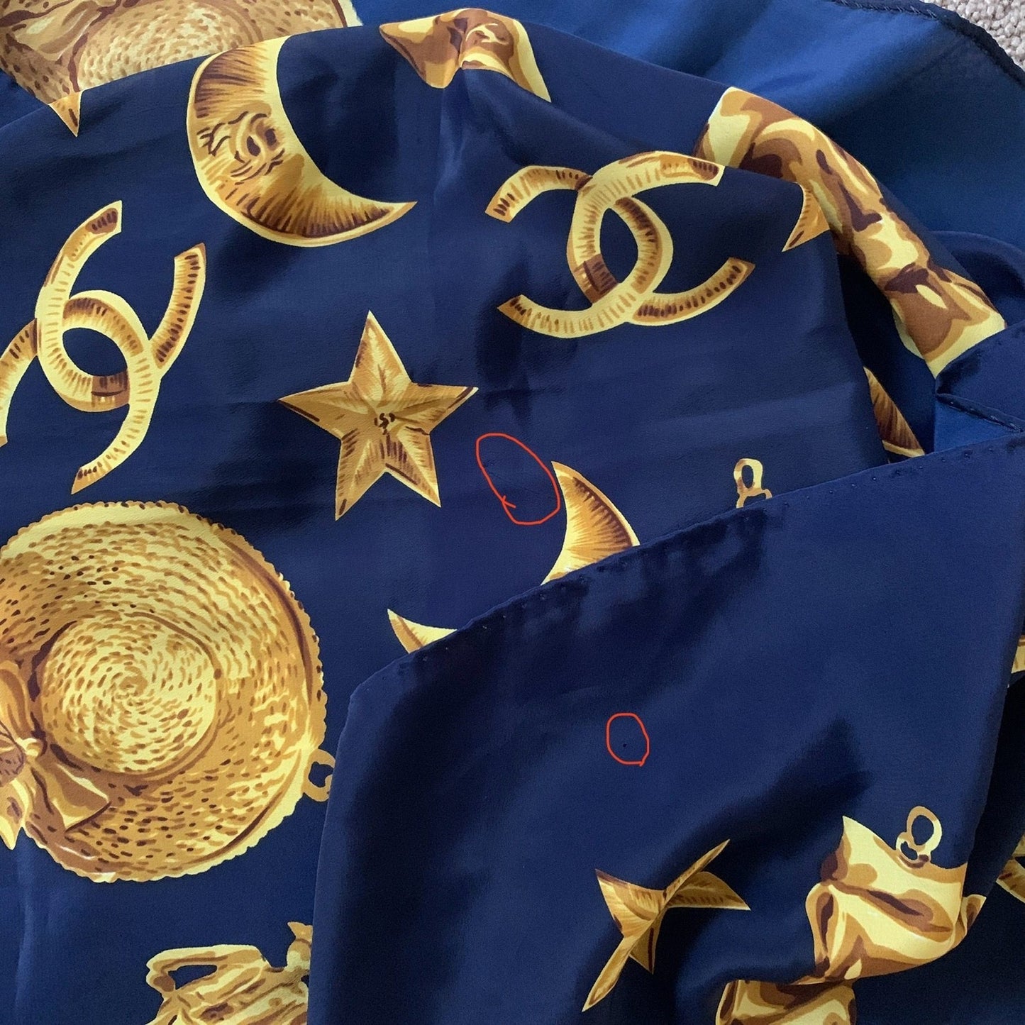 CC1007 Chanel blue and gold logo large silk scarf