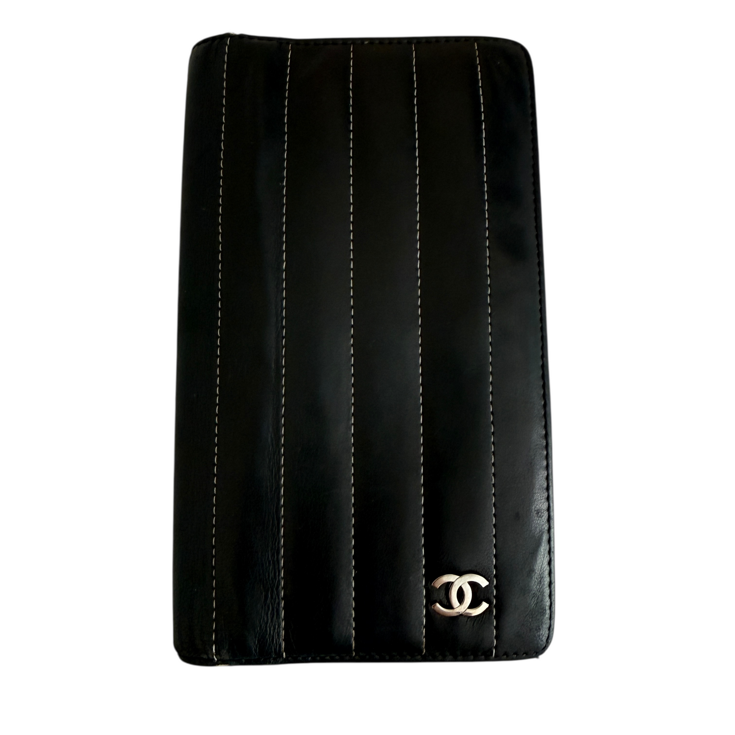 Chanel vertical quilted lambskin black leather wallet card holder authentic wit
