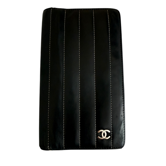 Chanel vertical quilted lambskin black leather wallet card holder authentic wit