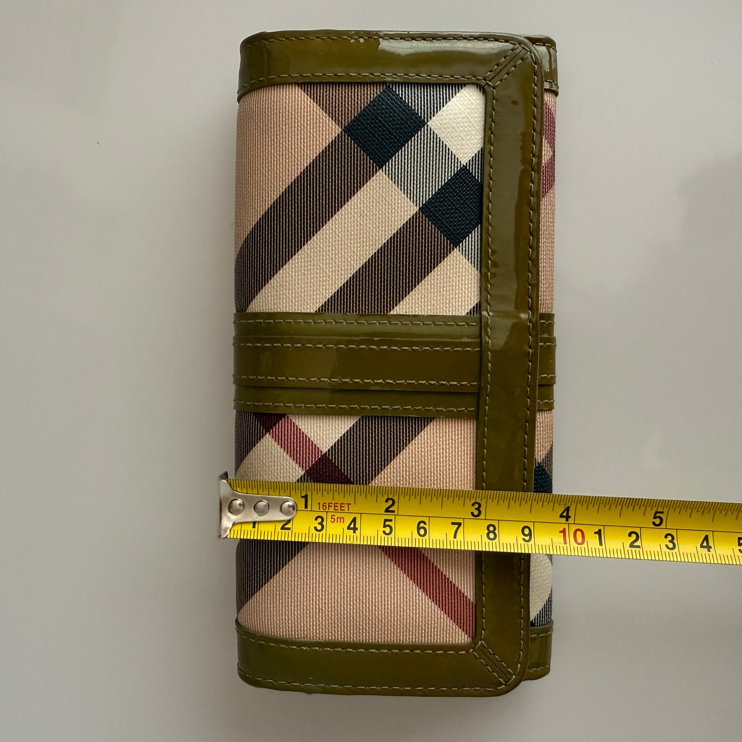 Burberry nova check and green patent leather long wallet authentic with COA