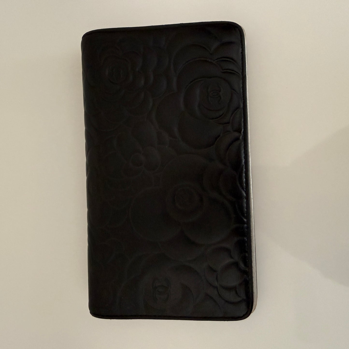 Chanel camellia flower embossed coco mark black leather wallet authentic with COA