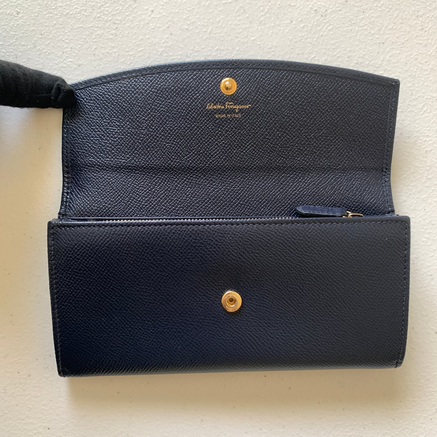 Ferragamo navy blue leather long wallet Authentic with COA